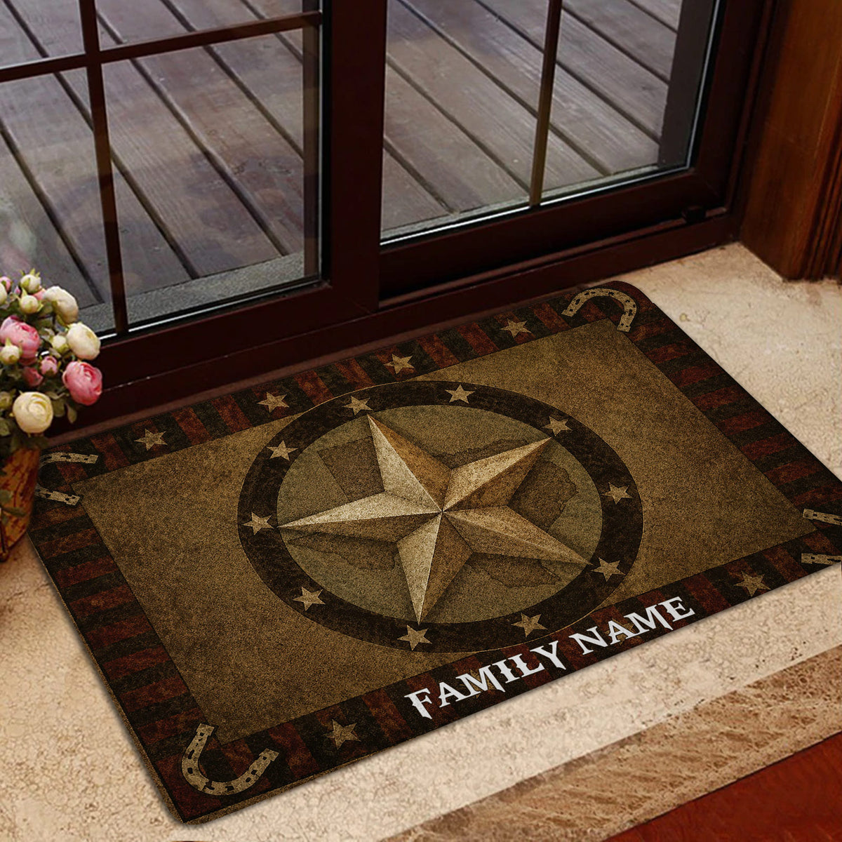 Western Texas entryway rug with a large star, horseshoes, and dark red striped border
