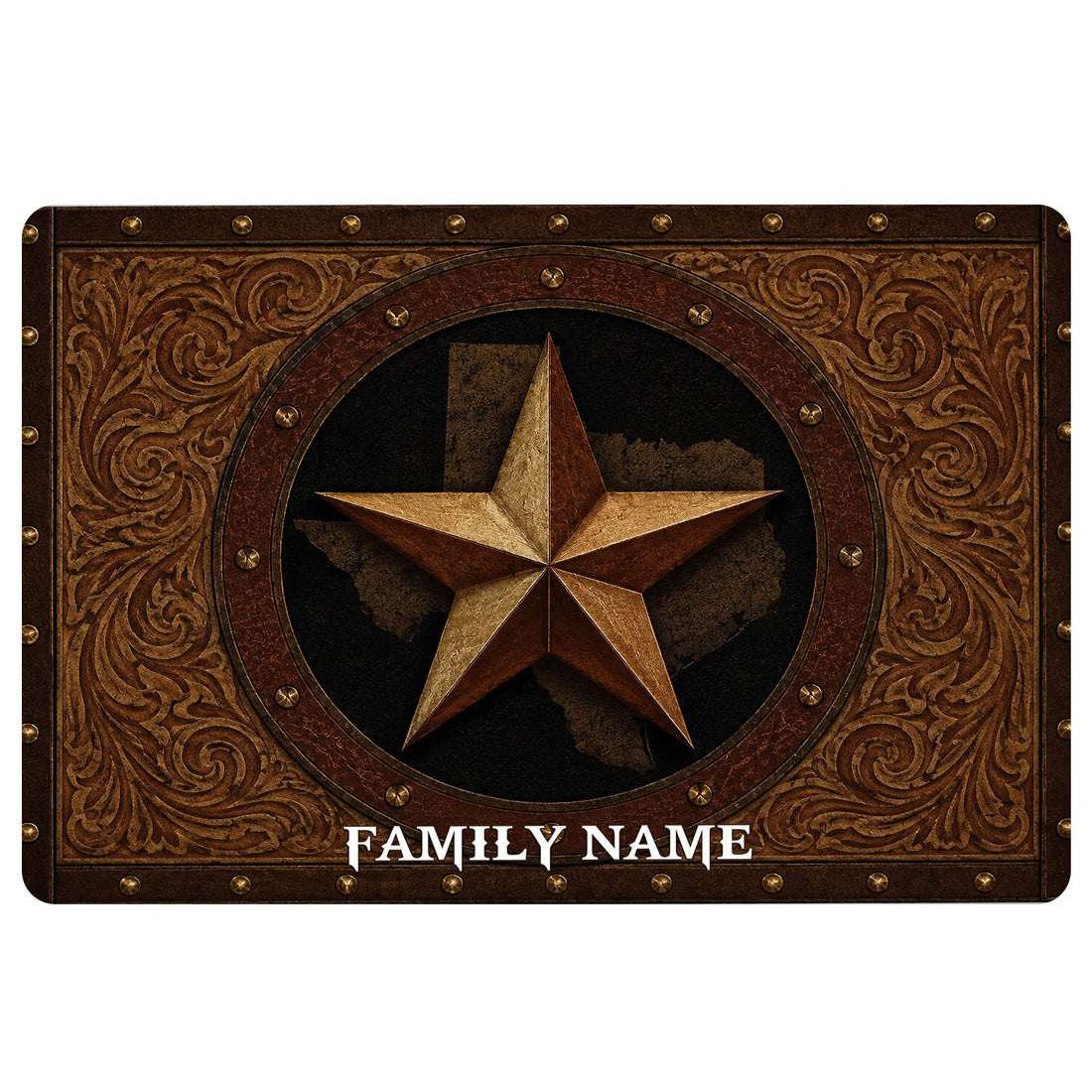 Texas star doormat with ornate western scrollwork in rich brown, bronze, black, and gold tones