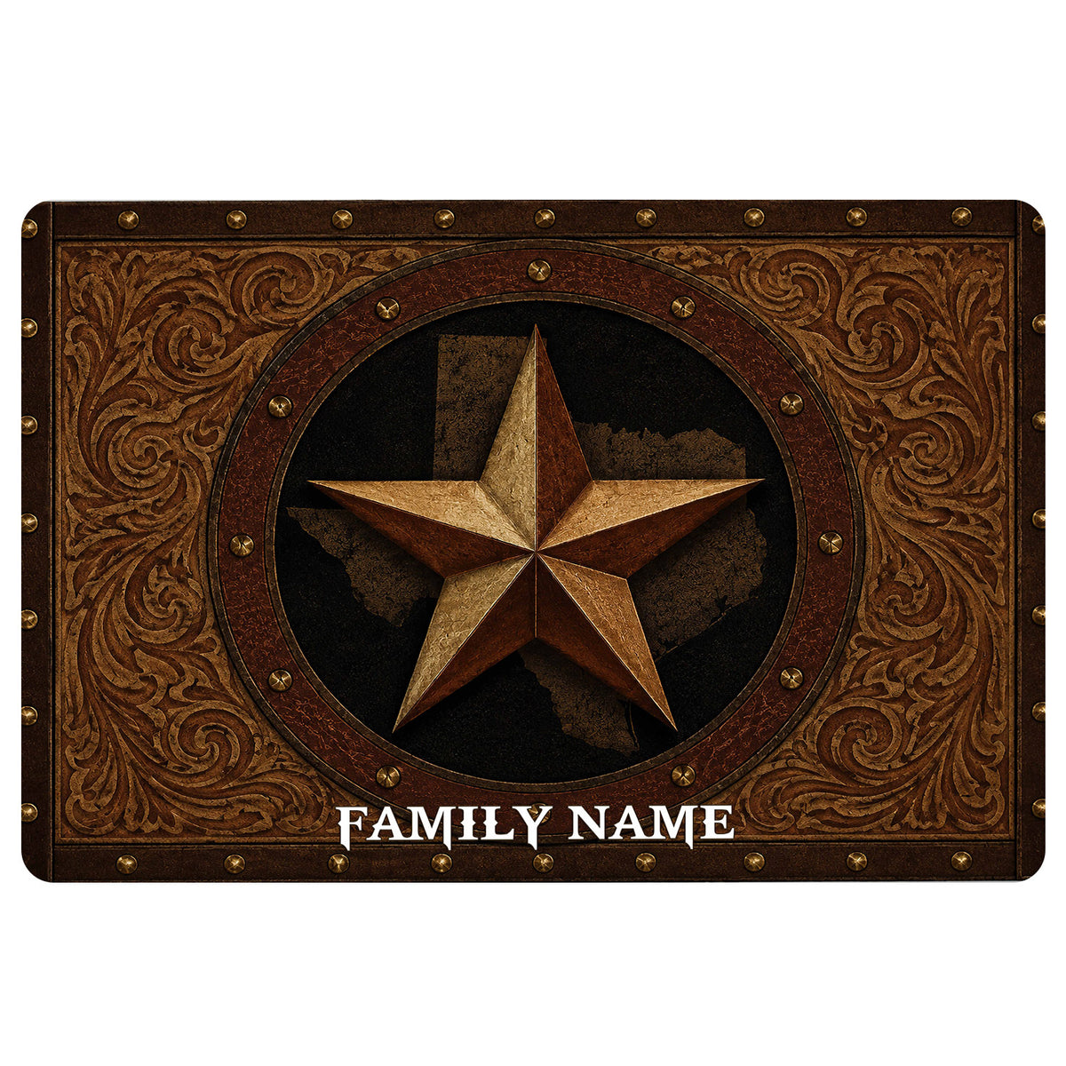Texas star doormat with ornate western scrollwork in rich brown, bronze, black, and gold tones