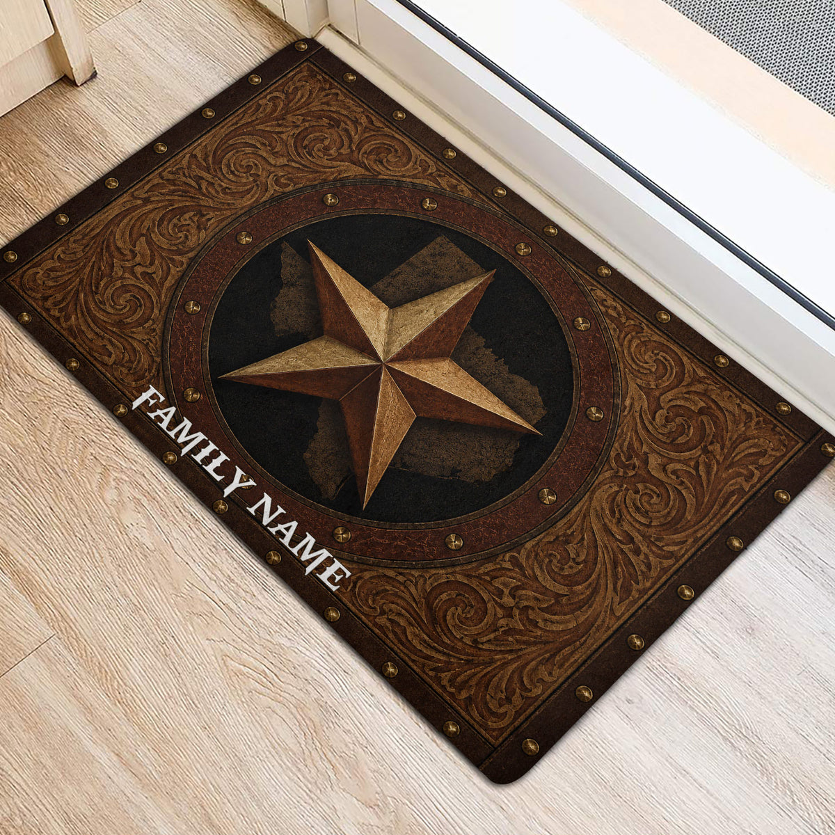 Ornate Texas star door mat positioned at an indoor entrance with western-inspired detailing