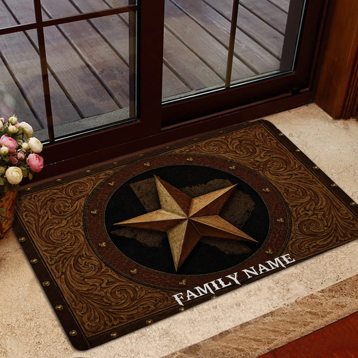 Texas star entryway rug styled near a glass door with warm brown western decor