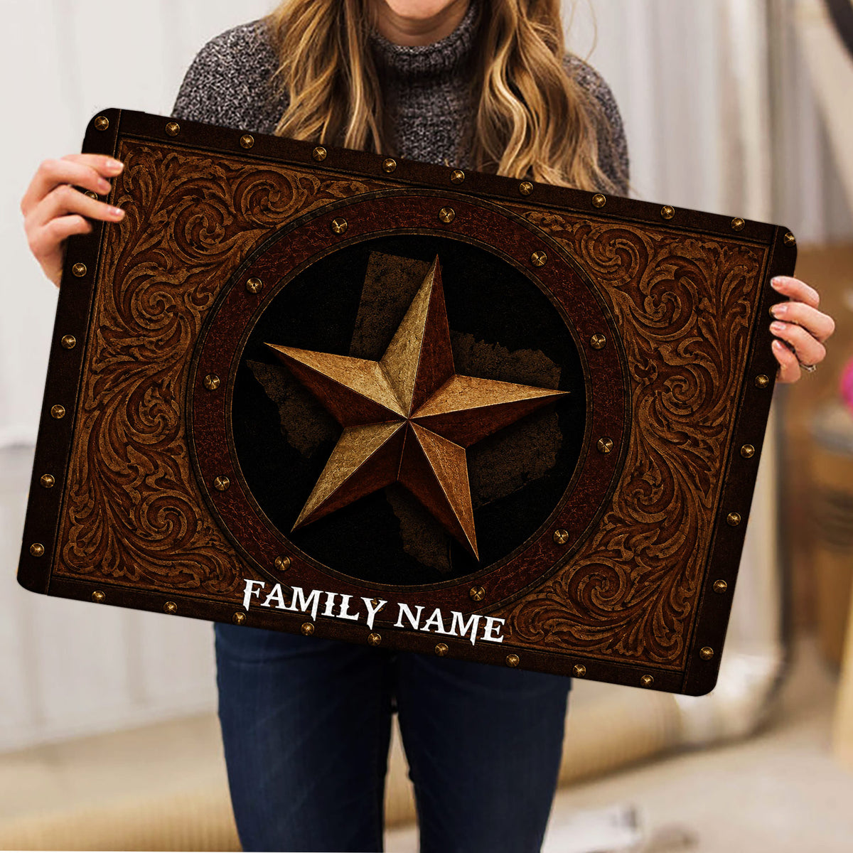 Texas star doormat shown in a home setting with detailed scrollwork and bronze accents