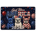 Patriotic French Bulldog doormat design with three bulldogs, stars, balloons, fireworks and red white blue artwork