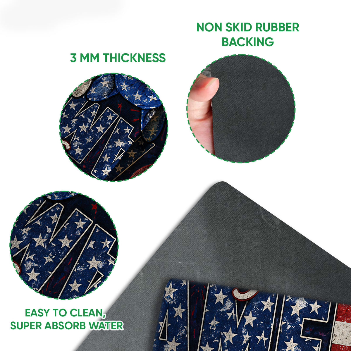 Close-up showing the patriotic French Bulldog mat surface, rubber backing and thin profile