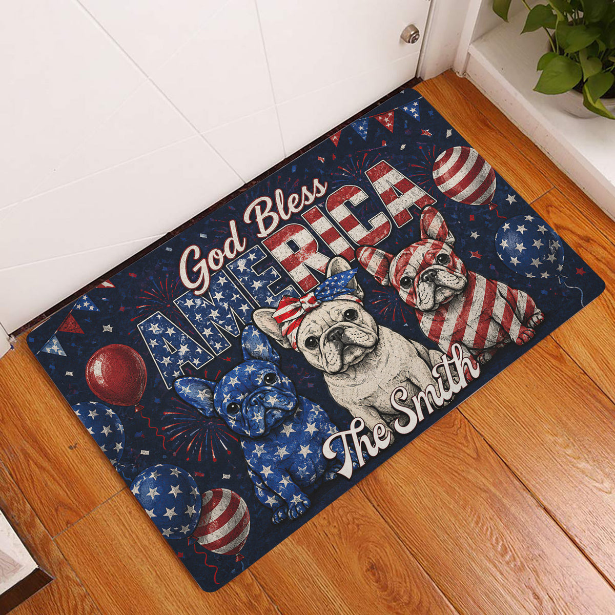 Patriotic French Bulldog doormat displayed at a home entrance on a wood floor