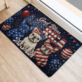 Red white and blue French Bulldog entryway mat positioned beside a doorway