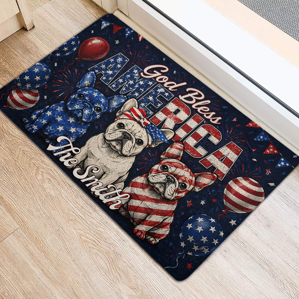 Red white and blue French Bulldog entryway mat positioned beside a doorway