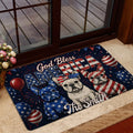 Patriotic French Bulldog rug styled in a home entrance with balloons, stars and fireworks