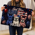 Person holding a patriotic French Bulldog doormat featuring three bulldogs and festive red white blue artwork