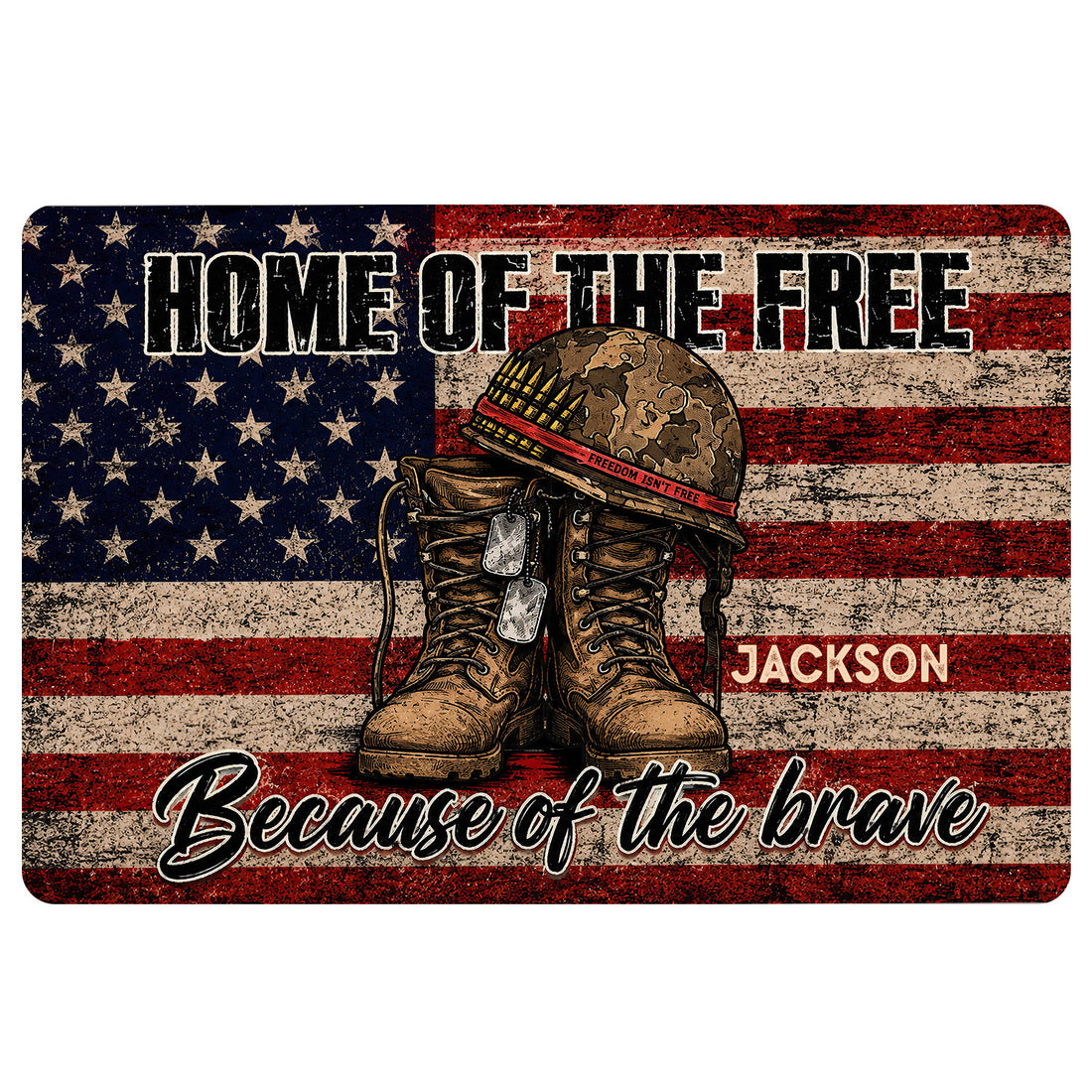 Patriotic veteran doormat featuring military boots, helmet, dog tags, American flag, and brave-themed artwork