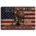 Patriotic veteran doormat featuring military boots, helmet, dog tags, American flag, and brave-themed artwork