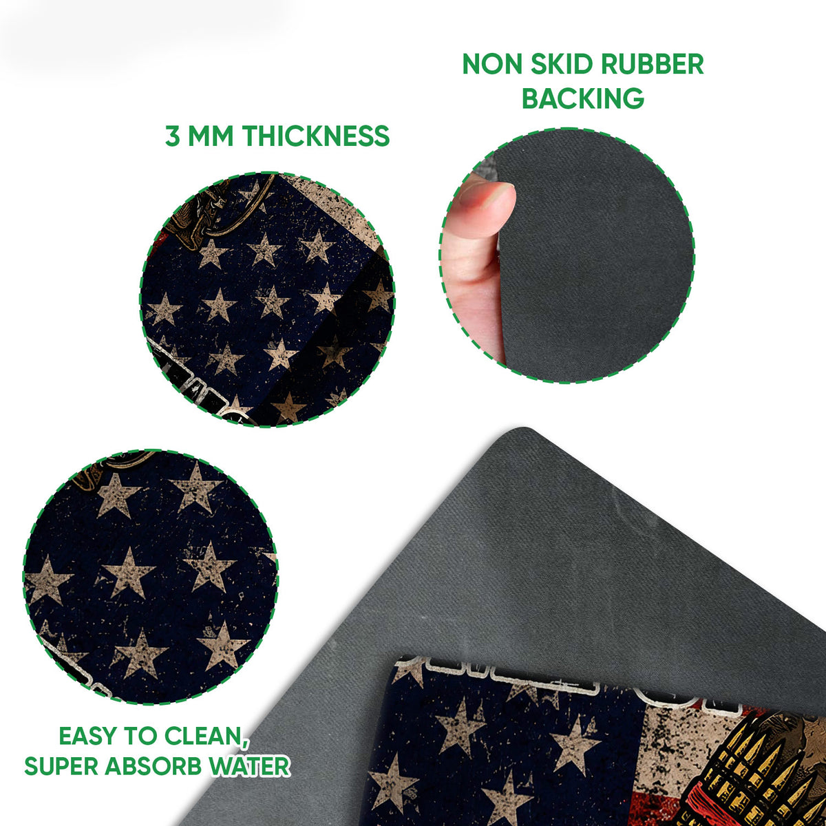 Close-up of patriotic veteran doormat artwork and rubber backing with feature callouts