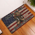 Patriotic veteran doormat displayed at an indoor entryway with military boots and American flag artwork