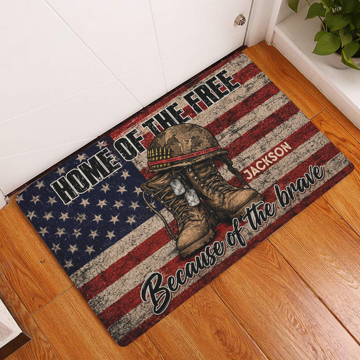 Patriotic veteran doormat displayed at an indoor entryway with military boots and American flag artwork
