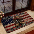 Patriotic veteran entryway rug displayed near a glass door with boots and flag artwork