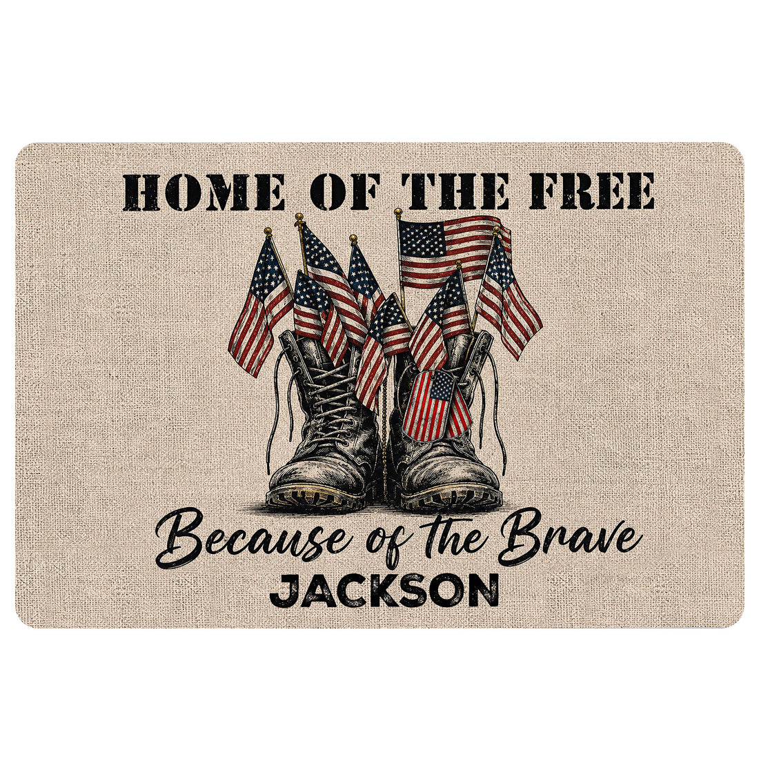 Patriotic veteran doormat featuring military boots and American flags in a distressed vintage style