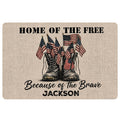 Patriotic veteran doormat featuring military boots and American flags in a distressed vintage style