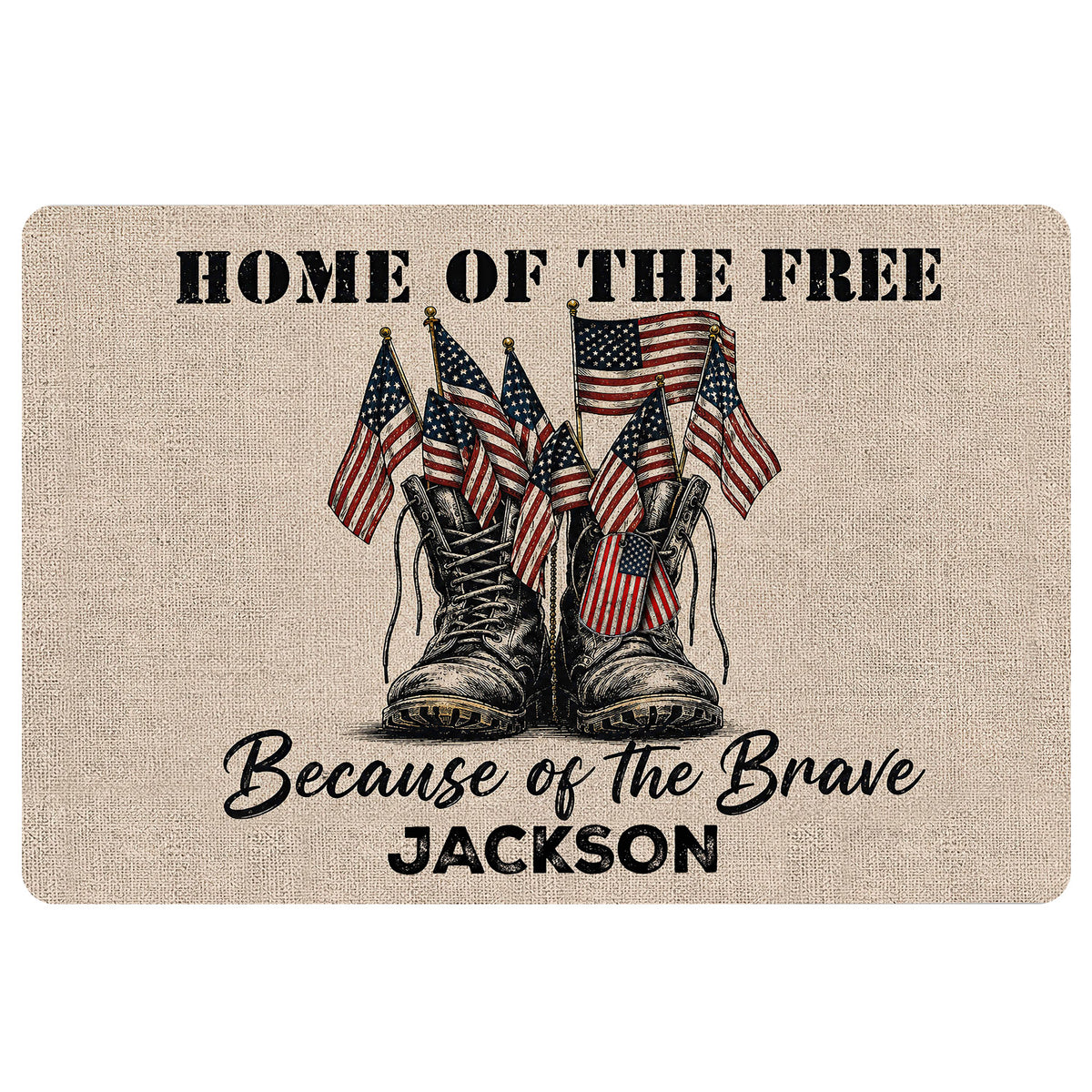 Patriotic veteran doormat featuring military boots and American flags in a distressed vintage style