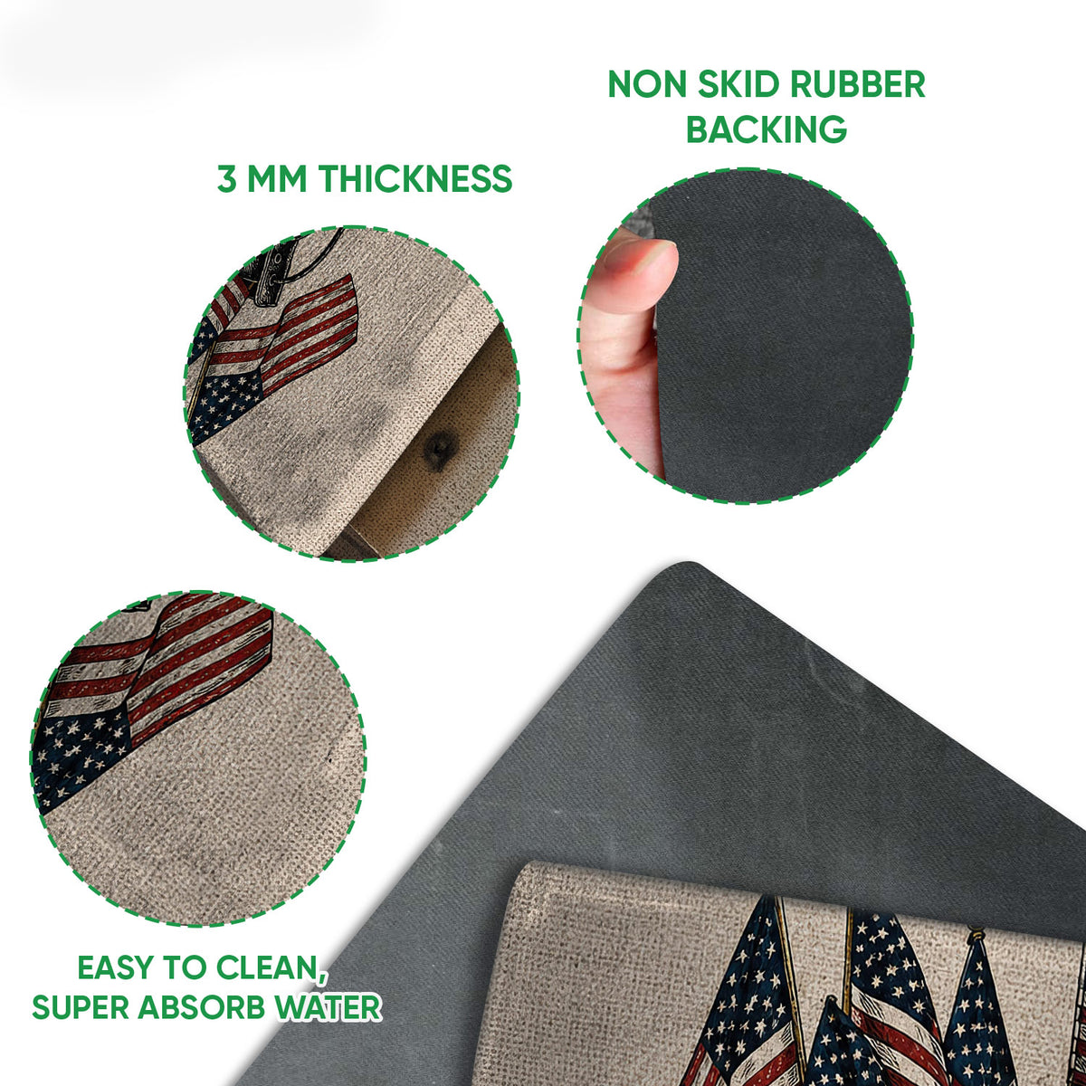 Close-up view of veteran doormat showing patriotic flag and military boot artwork with dark backing detail