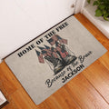 Patriotic veteran doormat displayed at an indoor entryway on a wood floor
