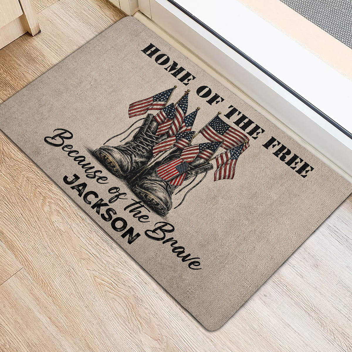 Veteran-themed front door mat with American flags and military boots in a home entrance