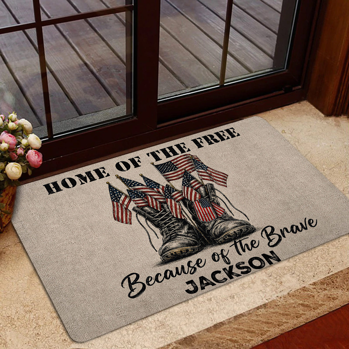 Patriotic veteran entryway rug styled near a glass door with military boot and flag artwork