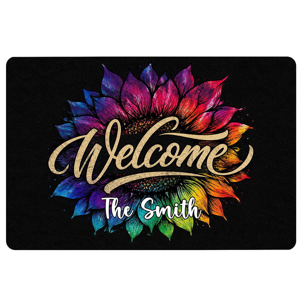 Colorful rainbow sunflower doormat with a welcome message and editable family-style text on a black background