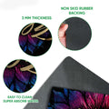 Doormat feature collage showing the colorful sunflower print surface and black rubber backing detail
