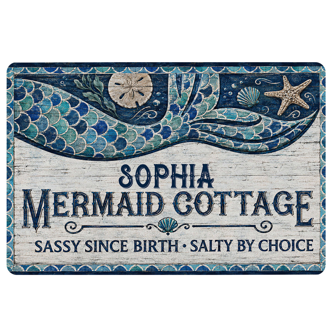Mermaid doormat with blue and teal tail artwork, seashells, starfish, and a playful coastal welcome message