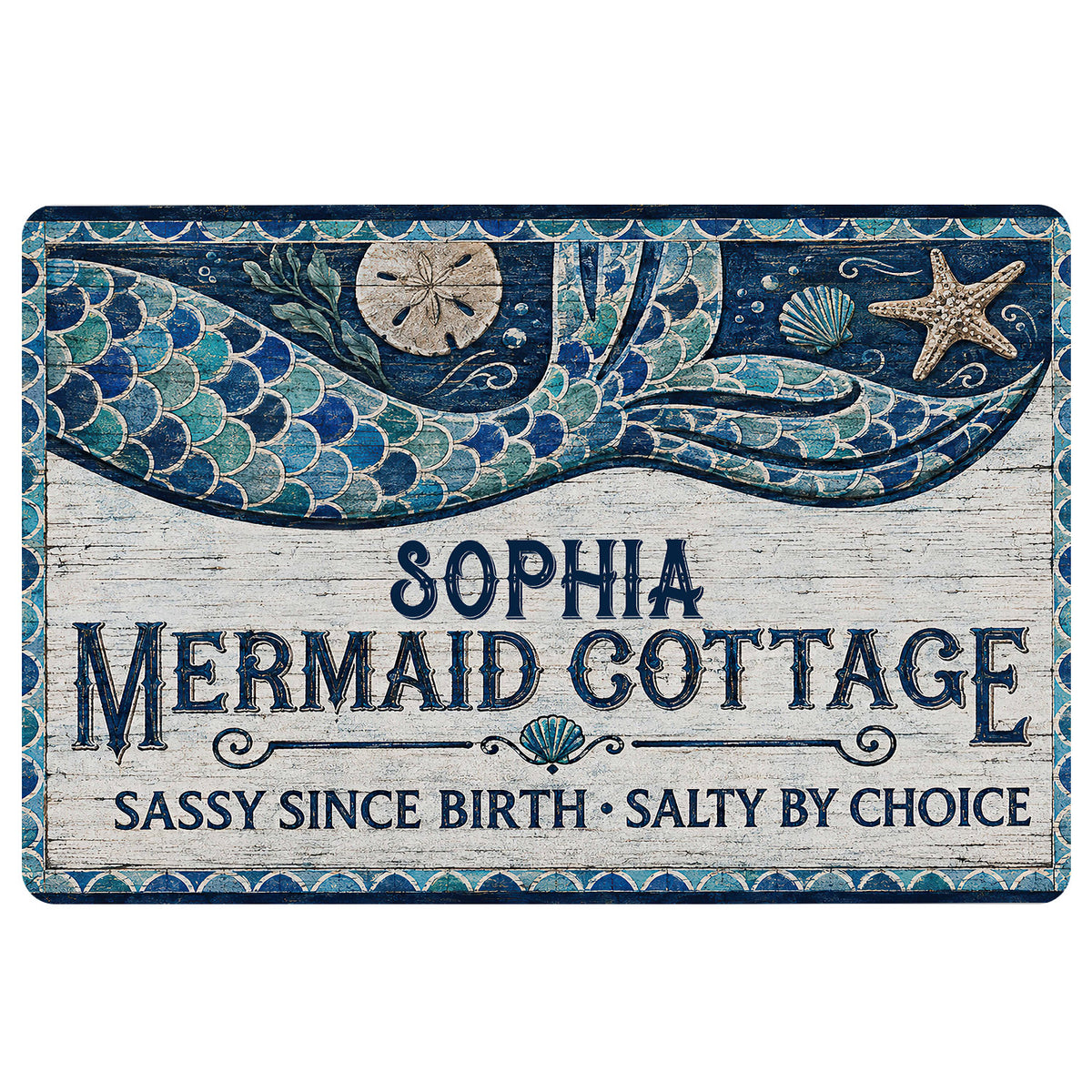 Mermaid doormat with blue and teal tail artwork, seashells, starfish, and a playful coastal welcome message