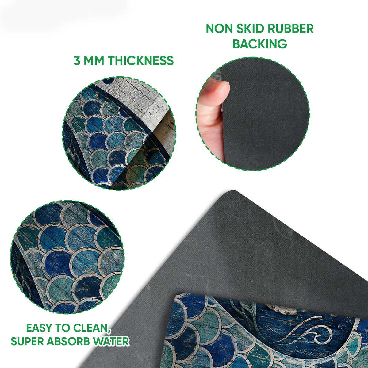 Close-up of mermaid doormat artwork and visible rubber backing with grip-focused construction details