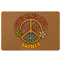 Hippie doormat with colorful peace sign, flowers, hearts, and upbeat bohemian artwork