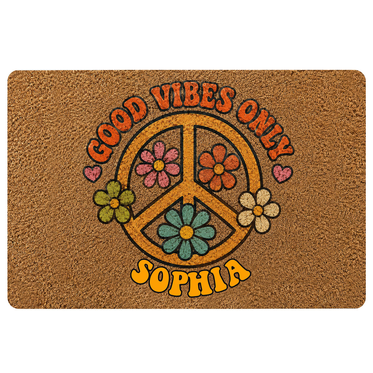 Hippie doormat with colorful peace sign, flowers, hearts, and upbeat bohemian artwork