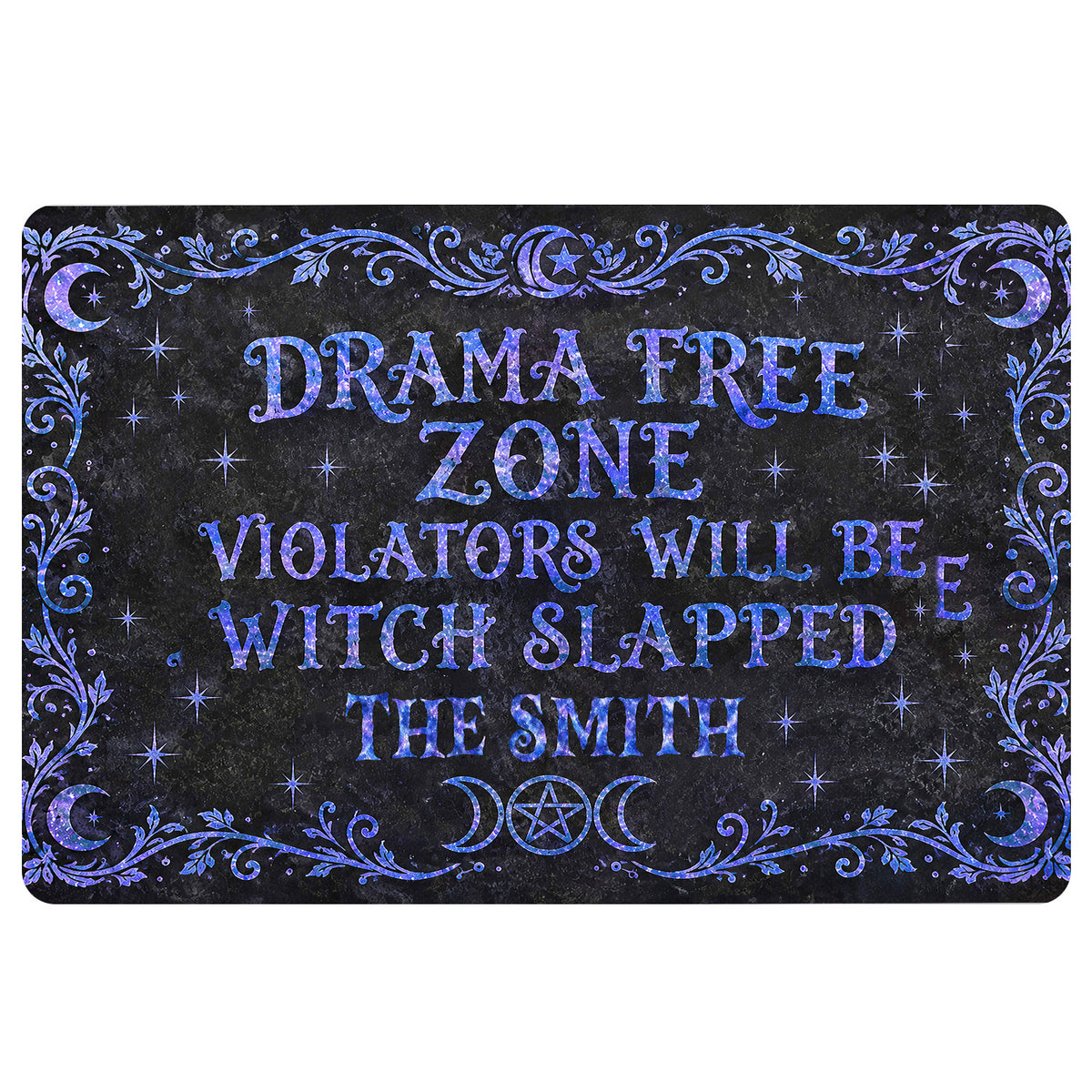 Black Wicca doormat with blue moon phases, stars, botanical flourishes, and witchy warning artwork