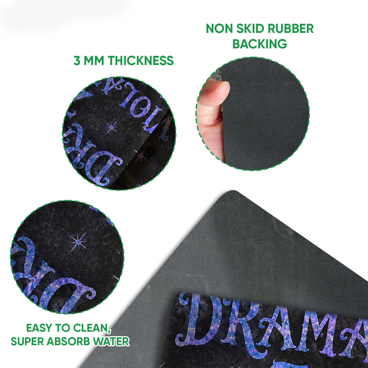 Wicca doormat detail showing the printed surface, rubber backing, rounded edge, and construction view