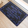 Witchy Wicca door mat positioned at an entrance with purple-blue celestial artwork and ornate border