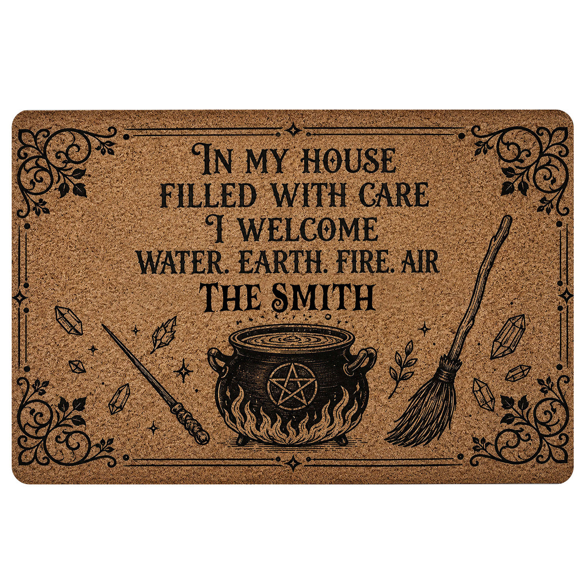 Wicca doormat with black cauldron, broom, wand, crystals, pentagram and ornate botanical border