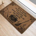 Wiccan entryway rug displayed near a doorway with cauldron, broom and crystal artwork