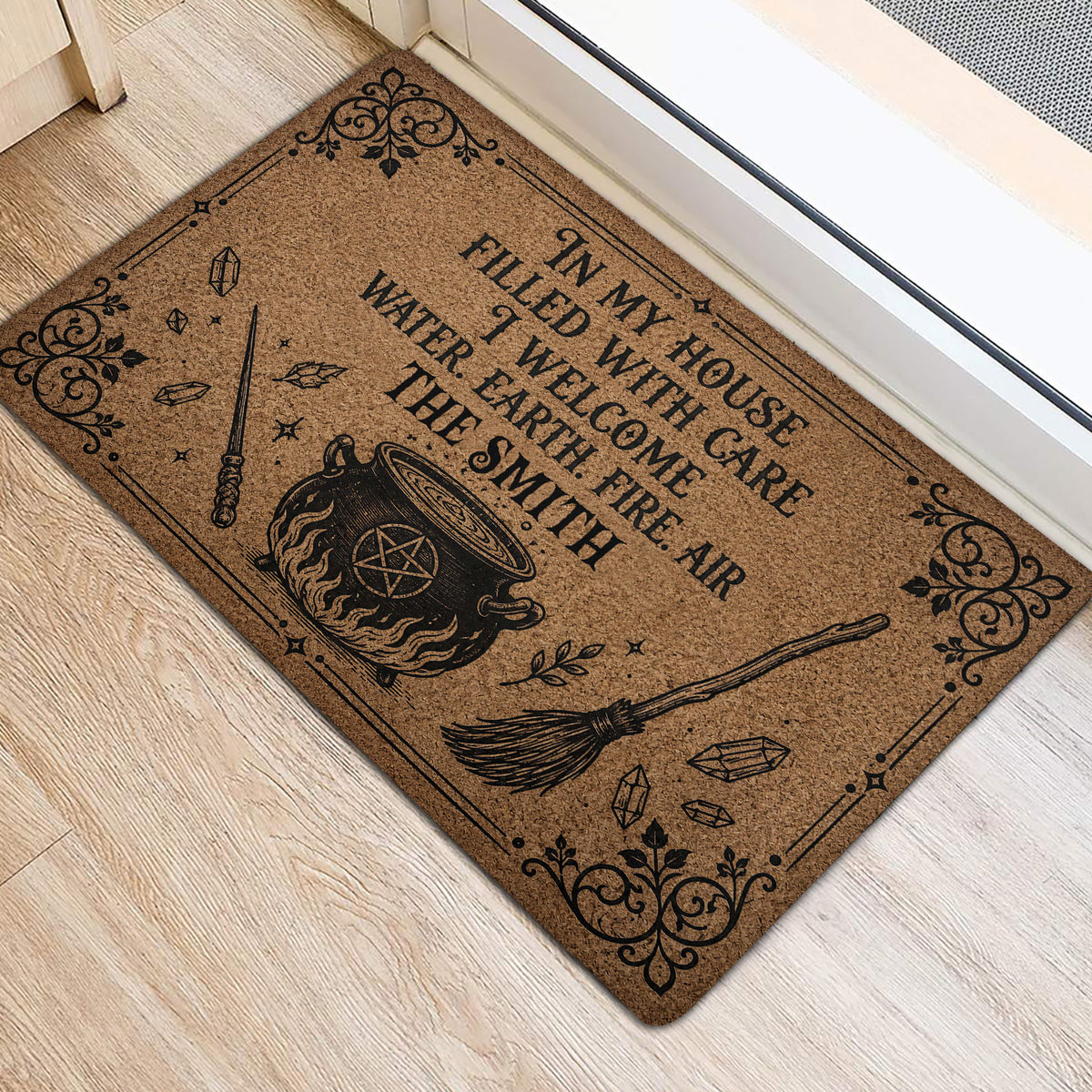 Wiccan entryway rug displayed near a doorway with cauldron, broom and crystal artwork