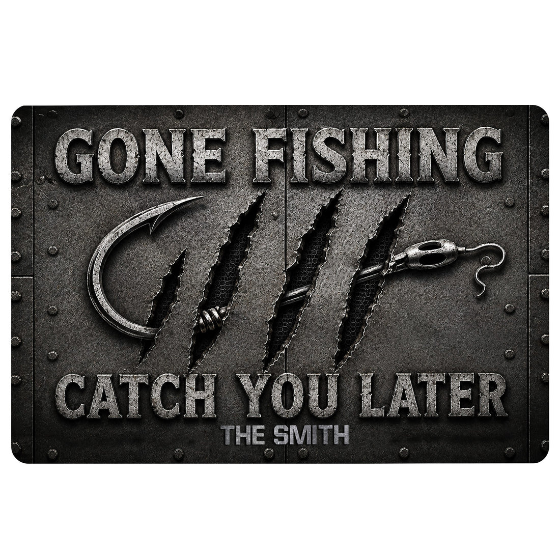 Fishing-themed doormat with a large hook, rugged metal texture, and bold outdoor-inspired lettering
