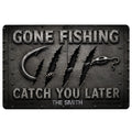 Fishing-themed doormat with a large hook, rugged metal texture, and bold outdoor-inspired lettering