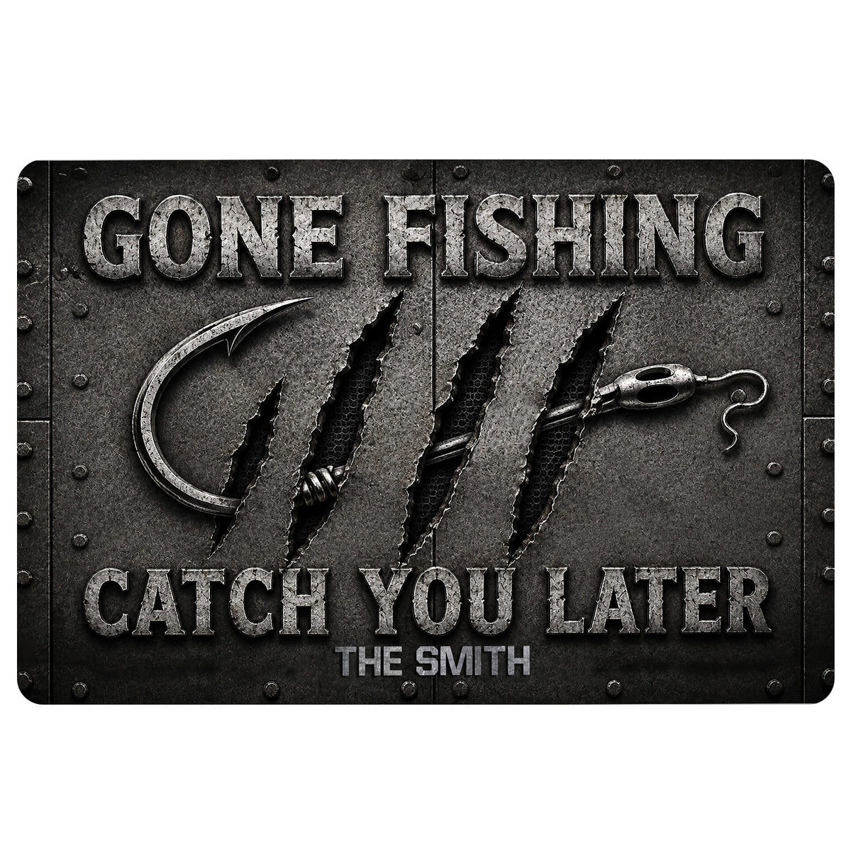 Fishing-themed doormat with a large hook, rugged metal texture, and bold outdoor-inspired lettering
