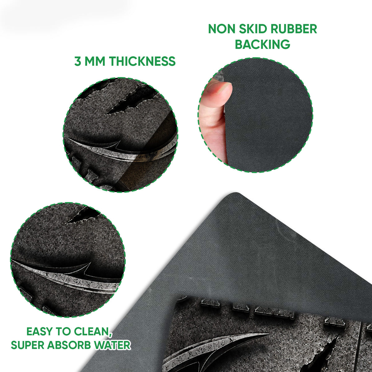 Close-up detail of the fishing doormat surface and black rubber backing with textured construction