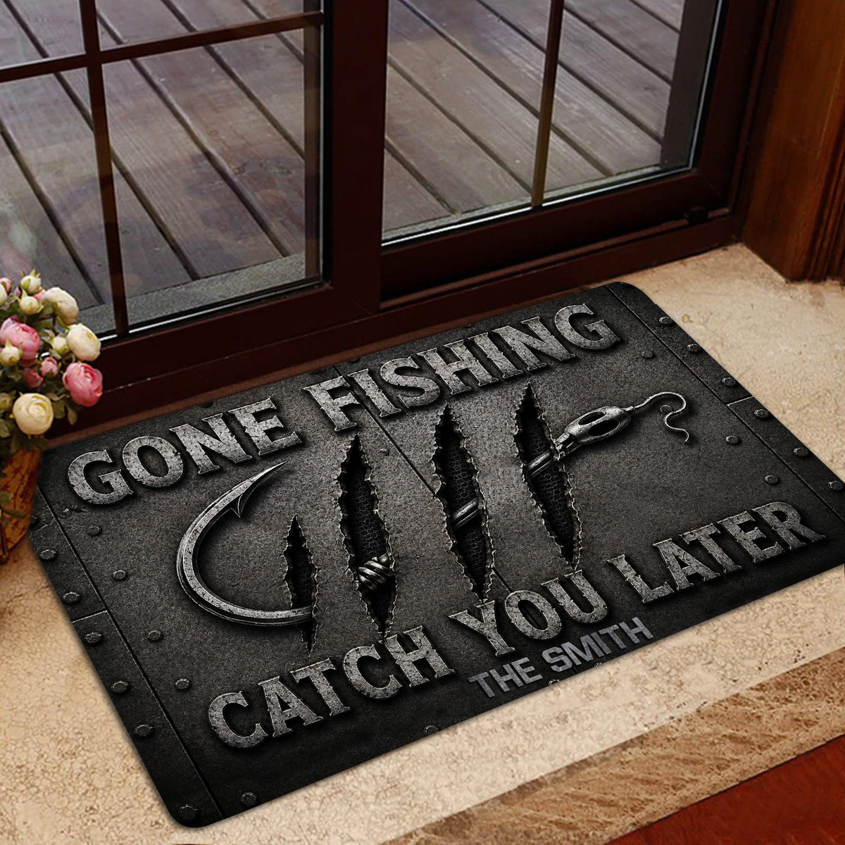 Fishing-themed entryway rug shown beside a glass door with a rustic indoor decor setting
