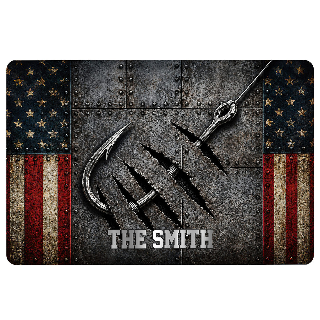 Fishing doormat featuring a large metal hook, rugged steel texture, stars, and distressed red and cream stripes