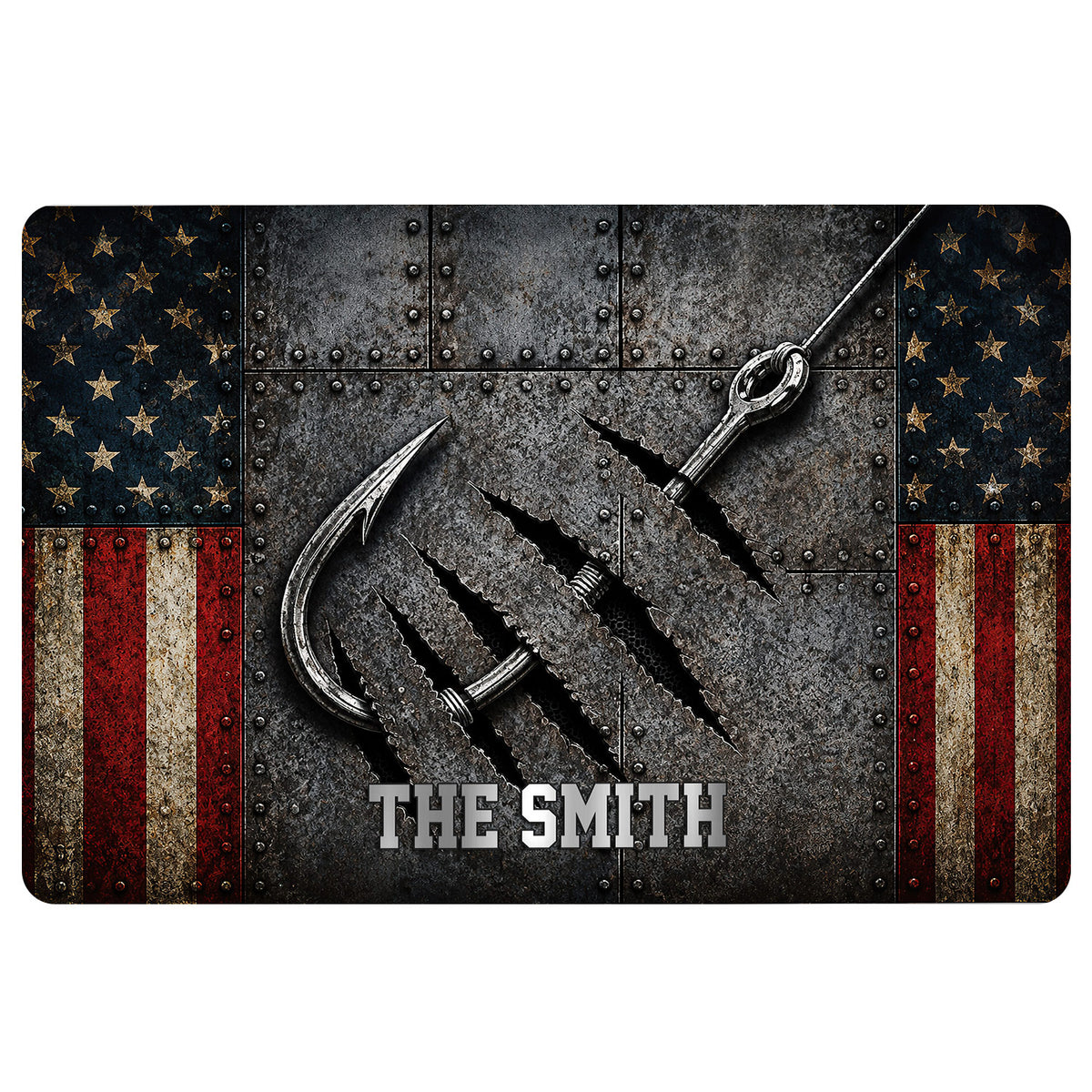 Fishing doormat featuring a large metal hook, rugged steel texture, stars, and distressed red and cream stripes