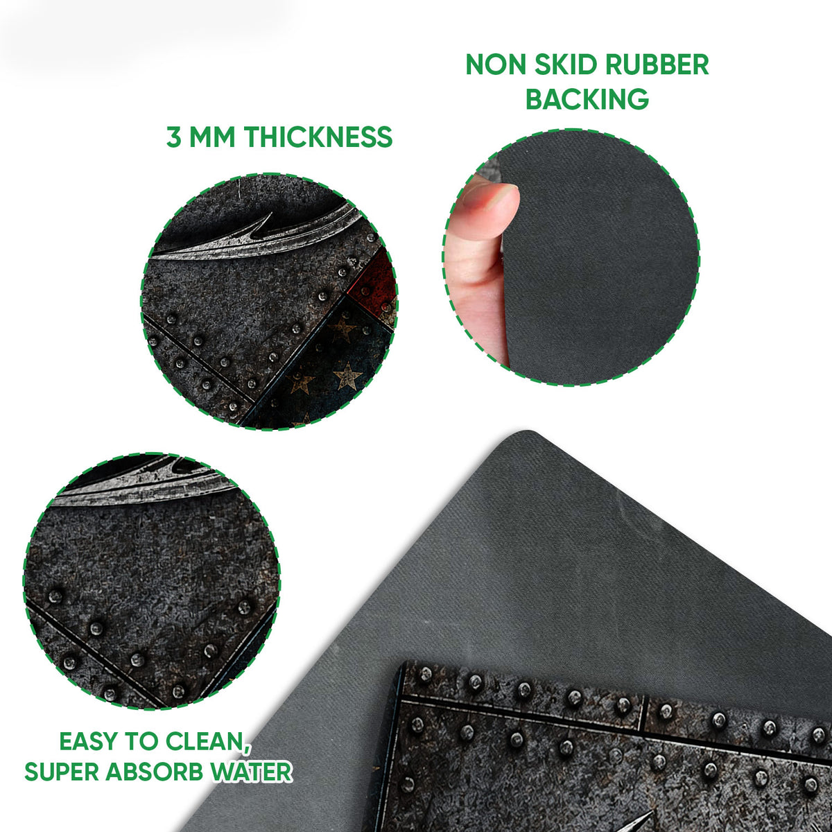 Close-up feature view of the fishing doormat surface, edge, and dark rubber backing