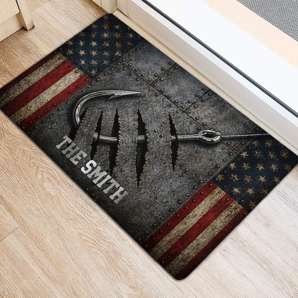 Fishing hook and rugged metal artwork doormat positioned beside a doorway on a light wood floor