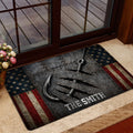 Fishing-themed entryway doormat shown beside a glass door with hook artwork and distressed stars and stripes