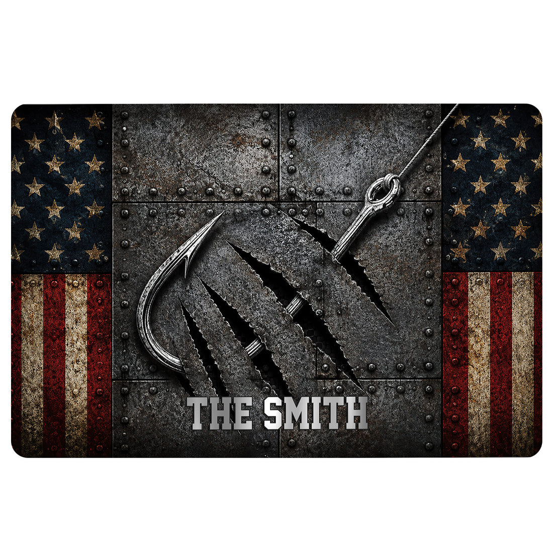 Fishing-themed doormat with crossed hooks, rugged metal texture, stars, and distressed red, white, and blue stripes